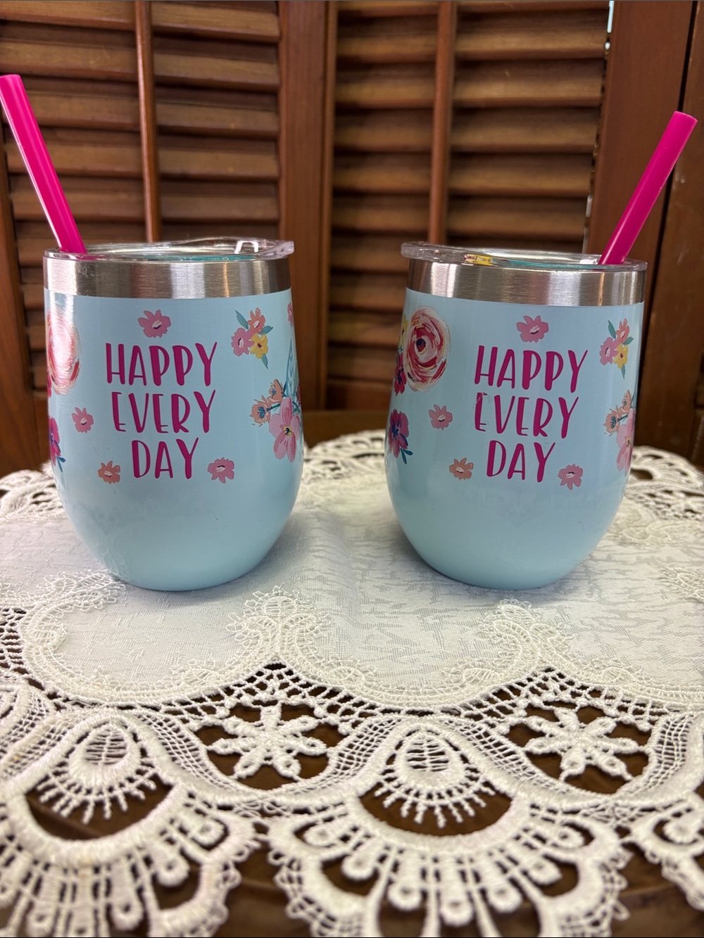 Happy Every Day Powder Blue Floral Stainless Tumbler - Set of 2